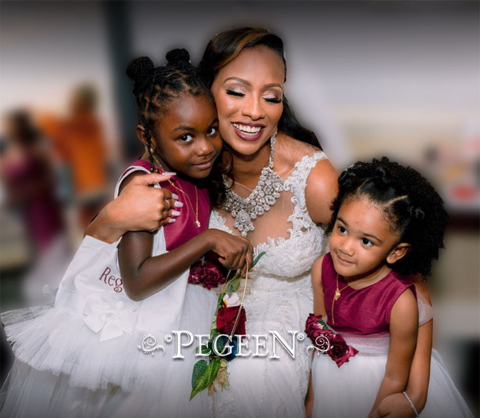 Cranberry flower girl dresses with petals in the skirt