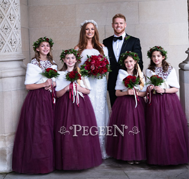 Burgundy tulle and lace custom silk flower girl dresses