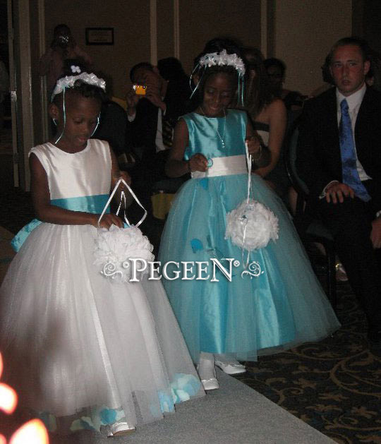 Flower girl dress in  Tiffany blue silk, Antique White with Aqua tulle | Pegeen