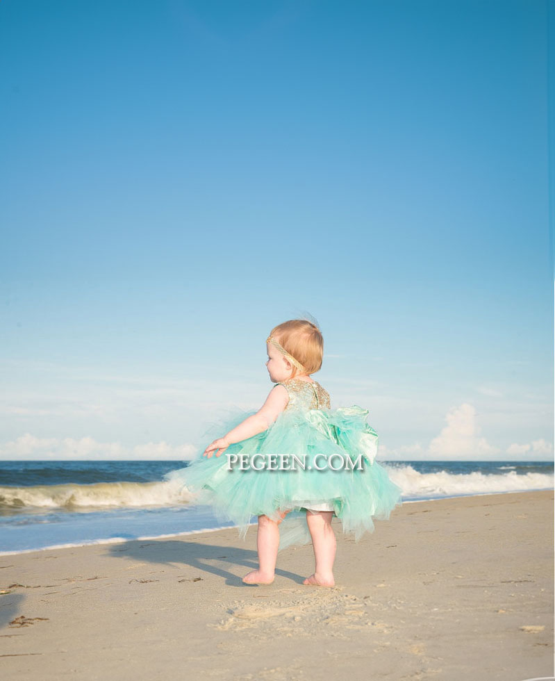 Gold and Tiffany Blue Silk Flower Girl Dress with Handkerchief Tulle