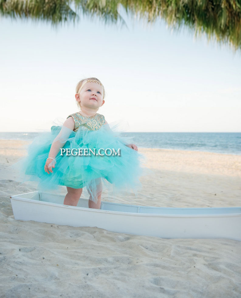 Gold and Tiffany Blue Silk Flower Girl Dress with Handkerchief Tulle