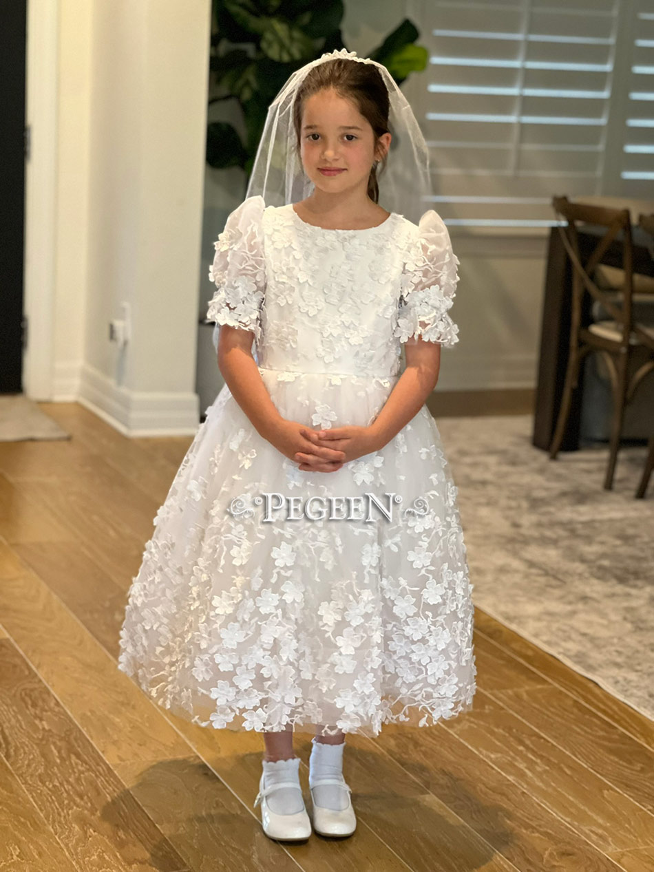 White First Communion dress with 3D Flowers on Tulle with sequin centers Style 428
