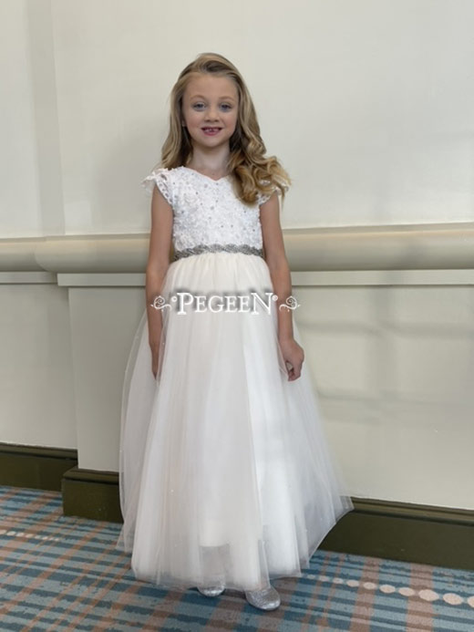 White silk flower girl dress with aloncon beaded lace and Swarovski Crystals Style 966