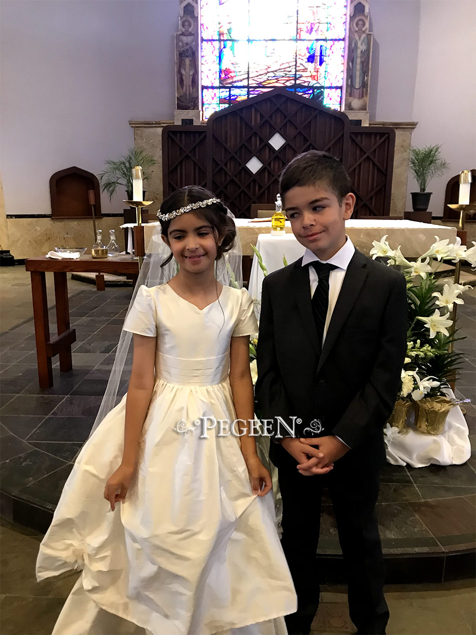 White silk first communion dress