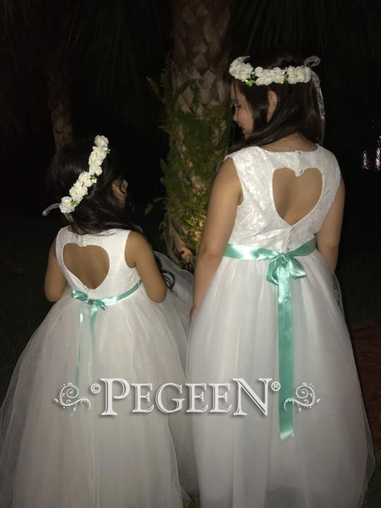 Aloncon lace and tulle flower girl dress with optional back heart
