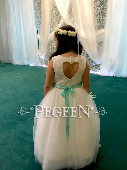 Aloncon lace and tulle flower girl dress with optional back heart