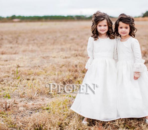 White silk and lace long sleeve flower girl dresses