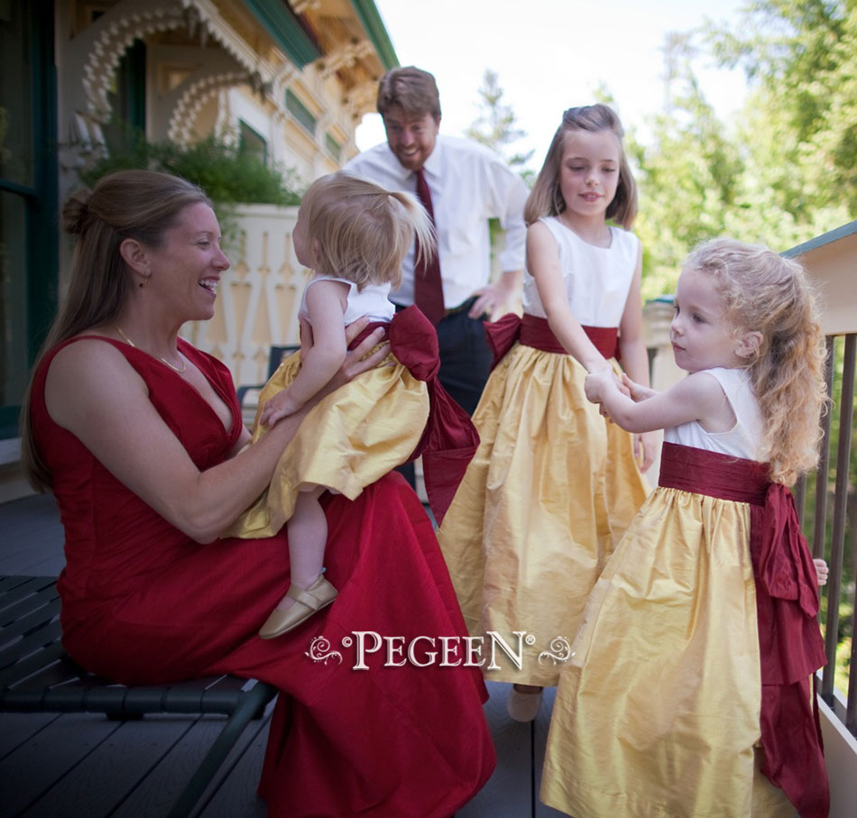 Mustard and Cranberry Silk Flower Girl Dresses