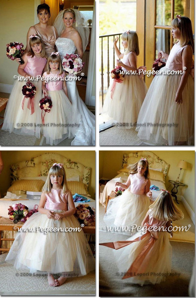 Strawberry Pink and Buttercreme Cinderella Bow Tulle Flower Girl Dresses