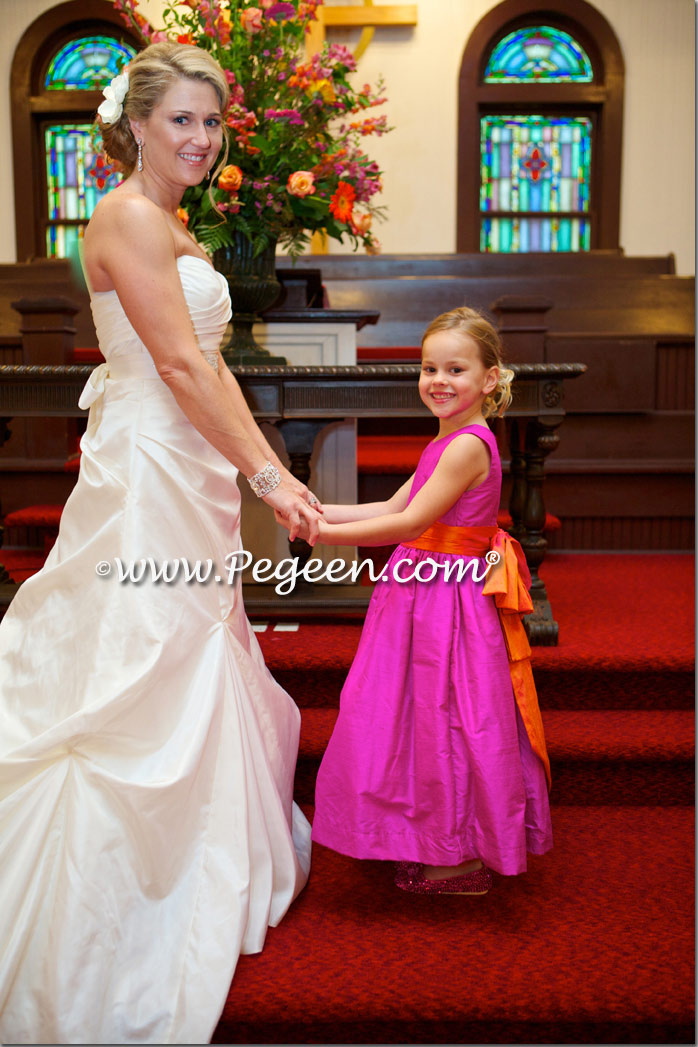 Shock pink and Mango orange silk flower girl dresses