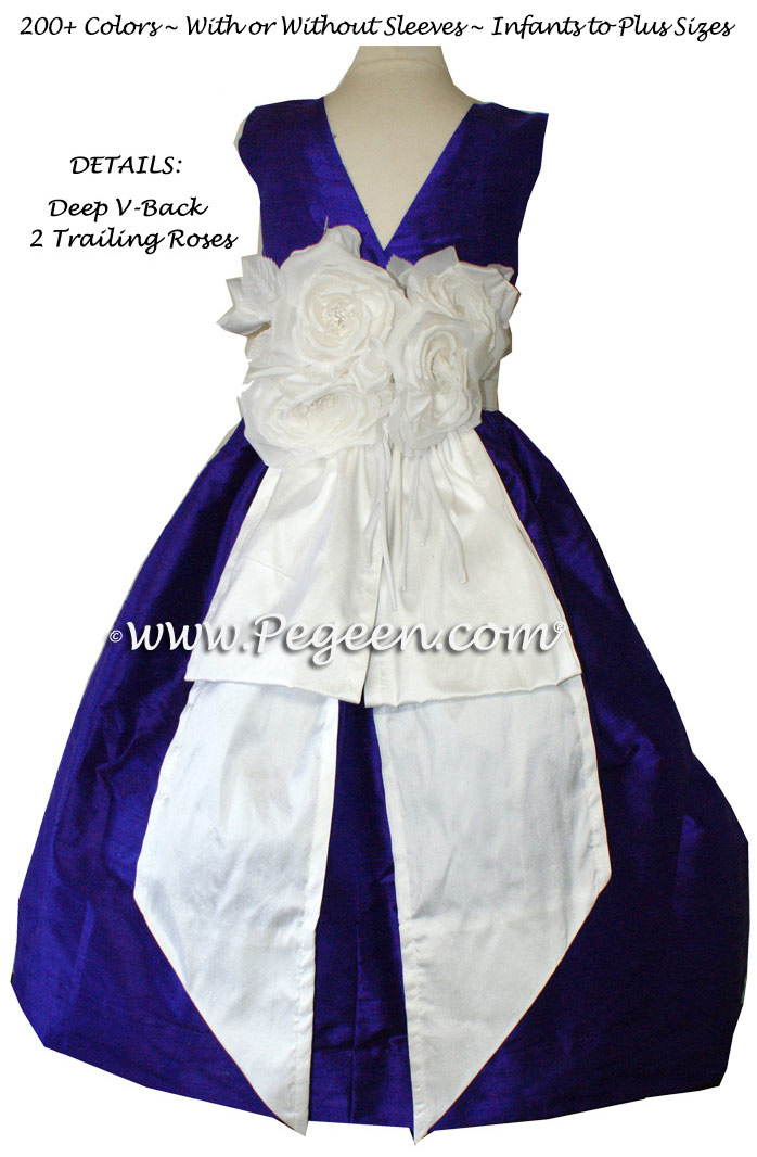 Purple and White Silk Flower Girl Dresses with Pegeen Signature Bustle