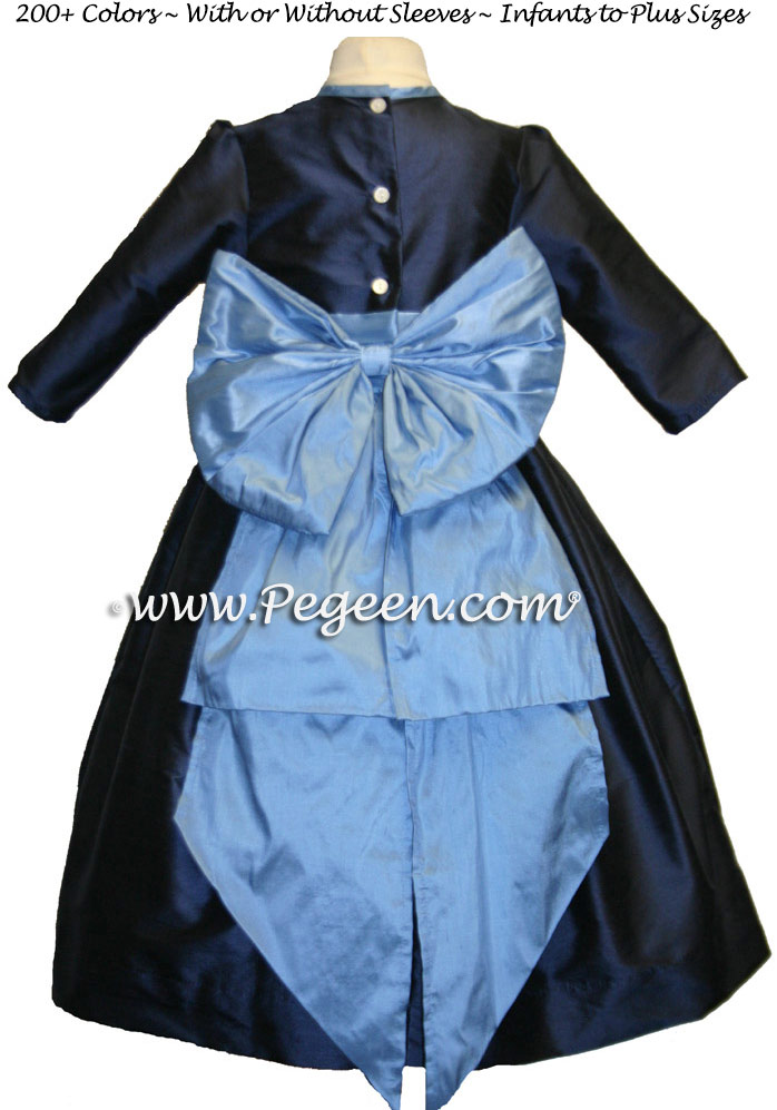 Navy and Blue Moon silk flower girl dresses