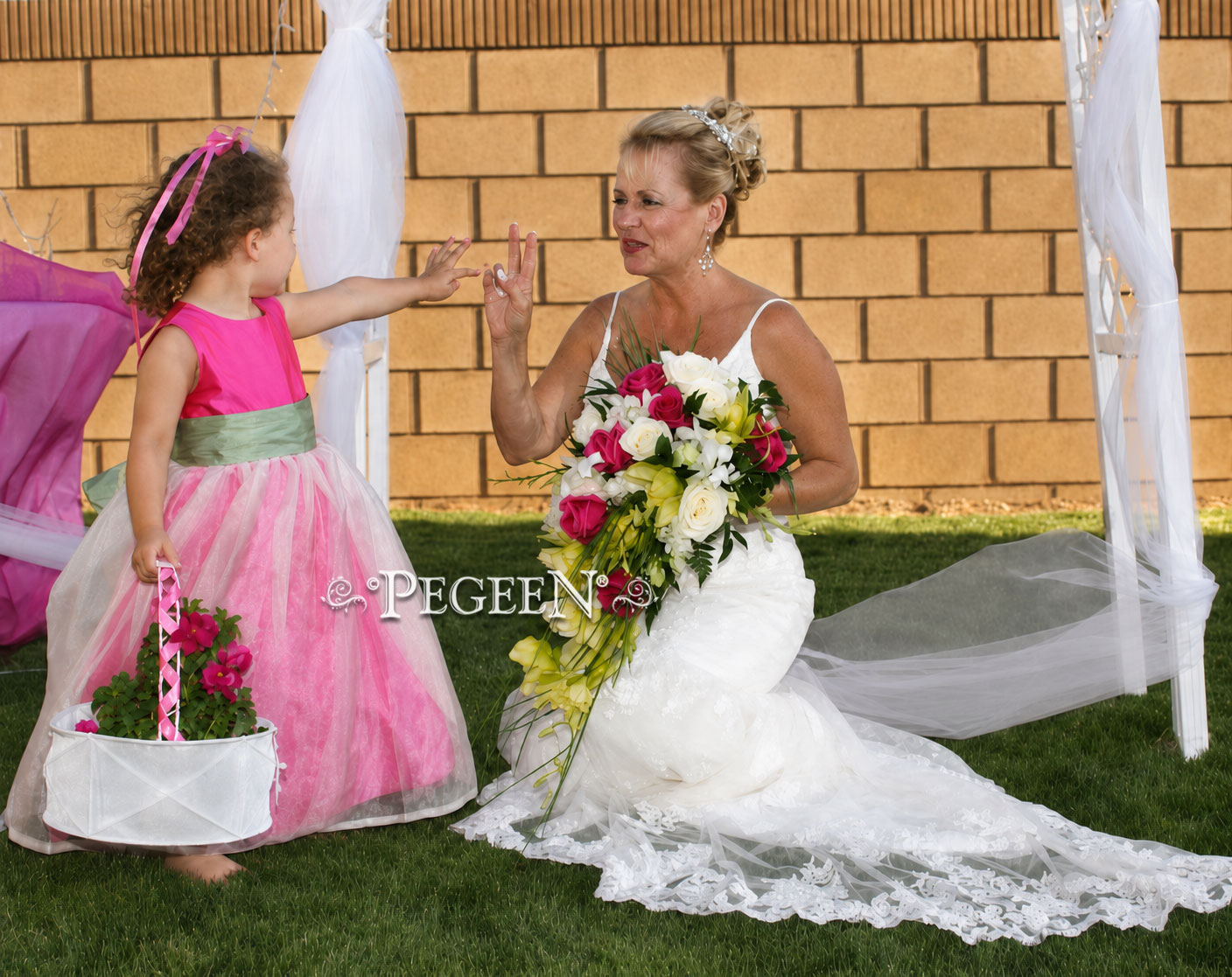 Hot Shock Pink and Celadon Flower Girl Dresses Style 394