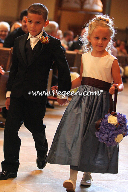 Storm Blue, Ivory and Brown Flower Girl Dresses and Hydrangea Flowers