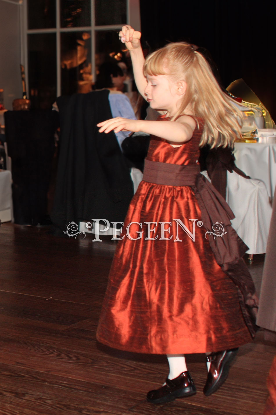 Chocolate Brown and Mountain Fall colored silk flower girl dress | Pegeen