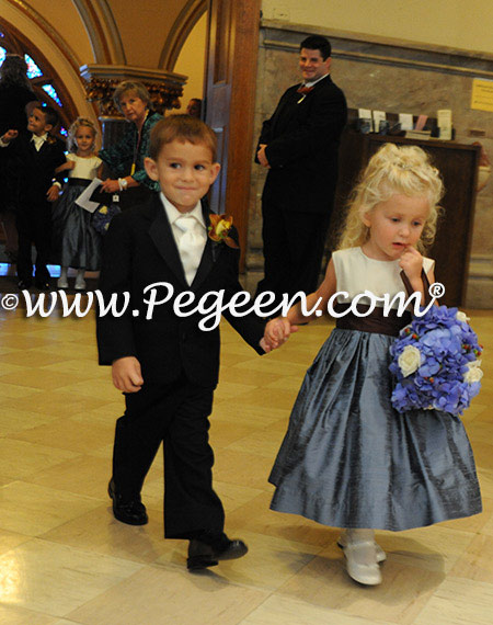 Ivory, Blue and Brown flower girl dresses