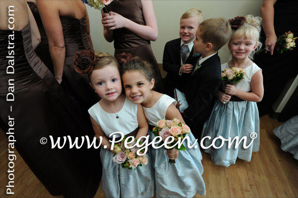 Chocolate brown and steele blue flower girl dress