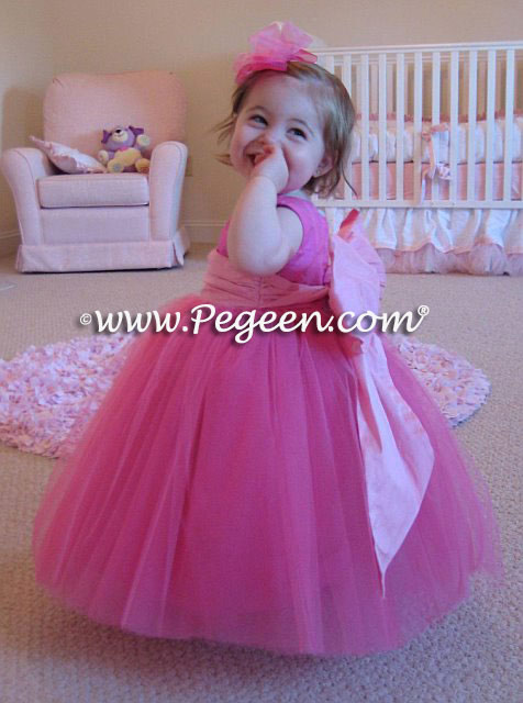 Hot pink tulle ballerina style dress for a little girls 1st Birthday