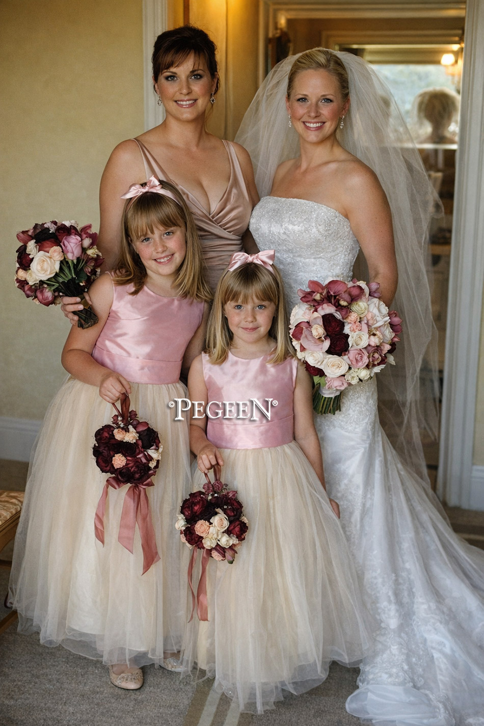 Buttercreme and Lotus Pink silk and tulle flower girl dresses in Pegeen Classic Style 356
