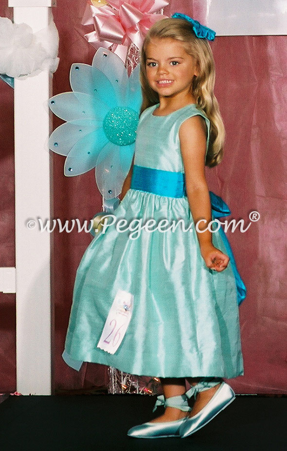 Style 345 pageant dress in Tiffany blue and turquoise with Cinderella Bow