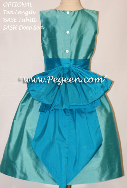 Style 345 pageant dress in Tiffany blue and turquoise with Cinderella Bow