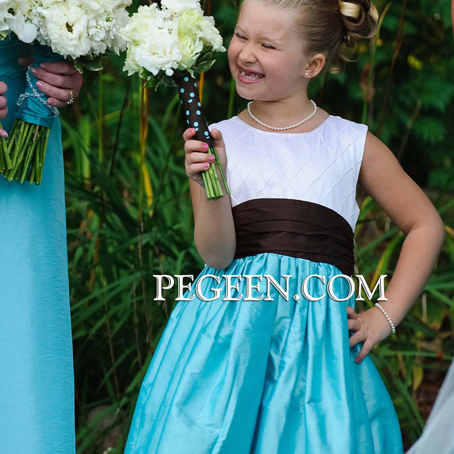Criss cross trellis silk with solid silk skirt and sash flower girl dress - Pegeen classic style 357
