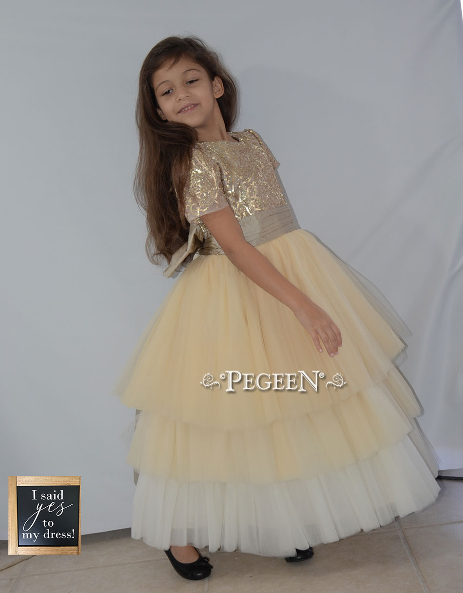 Gold sequins holiday ombre flower girl dress by Pegeen