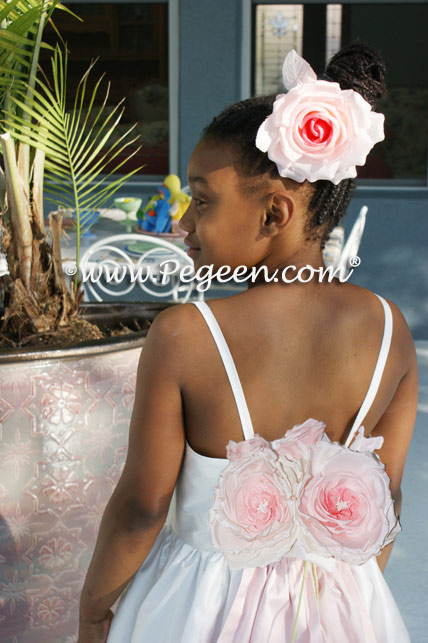 Custom Junior Bridesmaids' Dress in Antique White silk and Peony pink sash - Style 424 | Pegeen