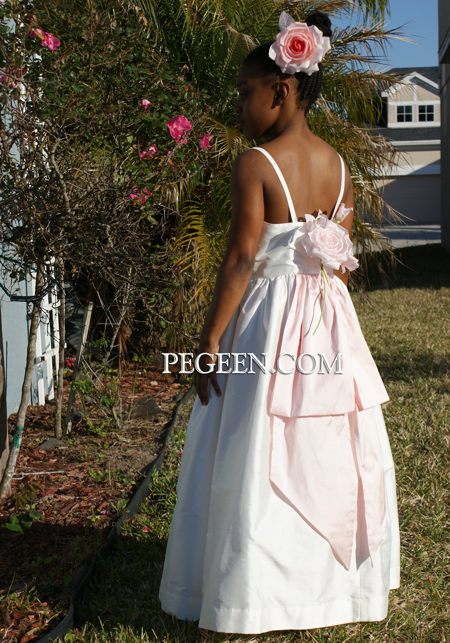 Custom Junior Bridesmaids' Dress in Antique White silk and Peony pink sash - Style 424 | Pegeen