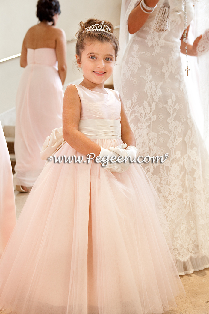 Pegeen's ice pink and petal pink Tulle FLOWER GIRL DRESSES with 10 layers of tulle
