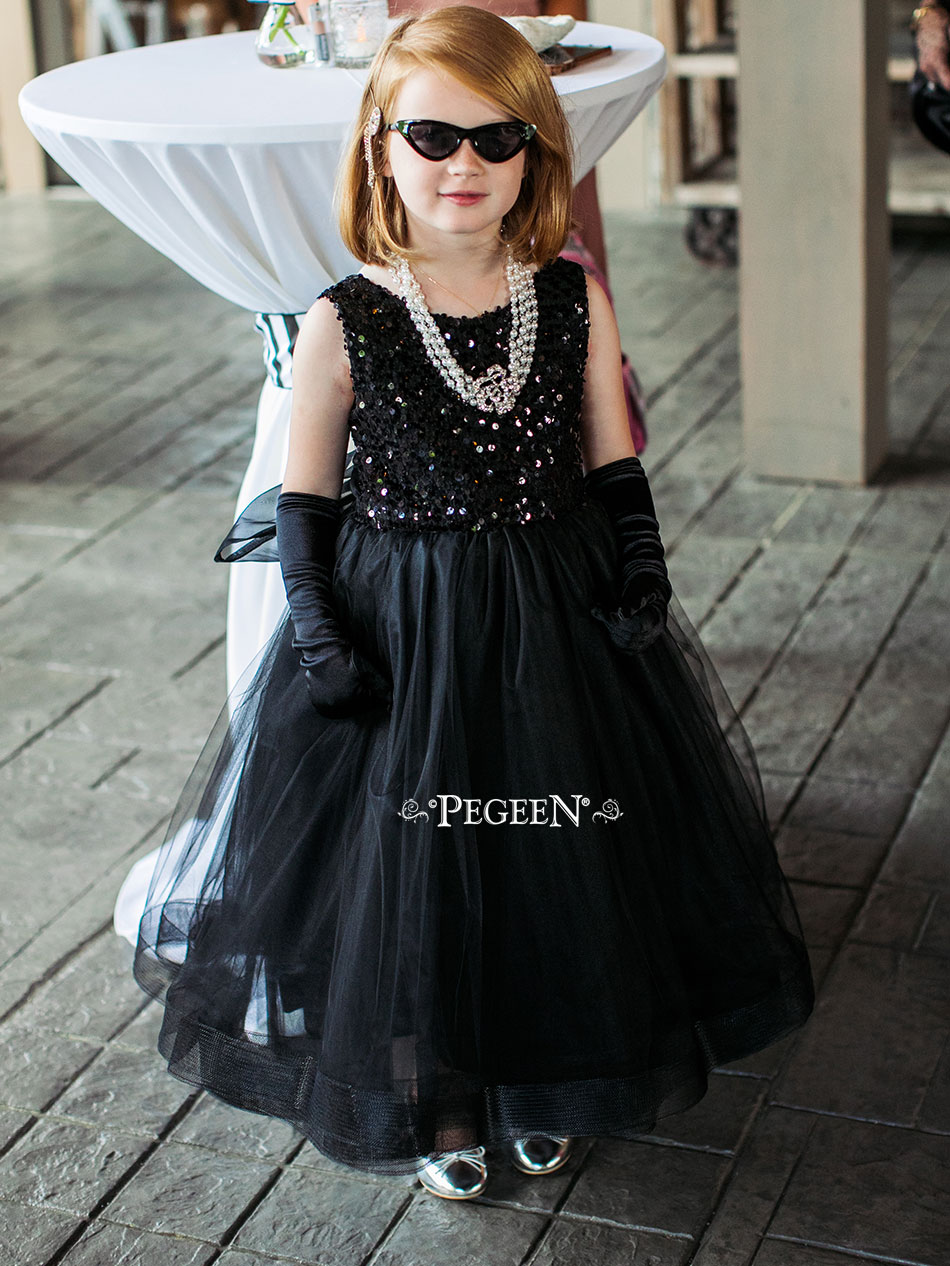 Black silk and tulle Audrey Hepburn flower girl dress