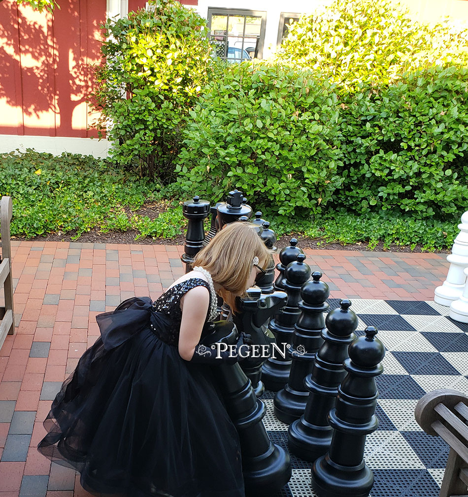 Audrey Hepburn Inspired Sequined, Tulle & Silk Black flower girl dress