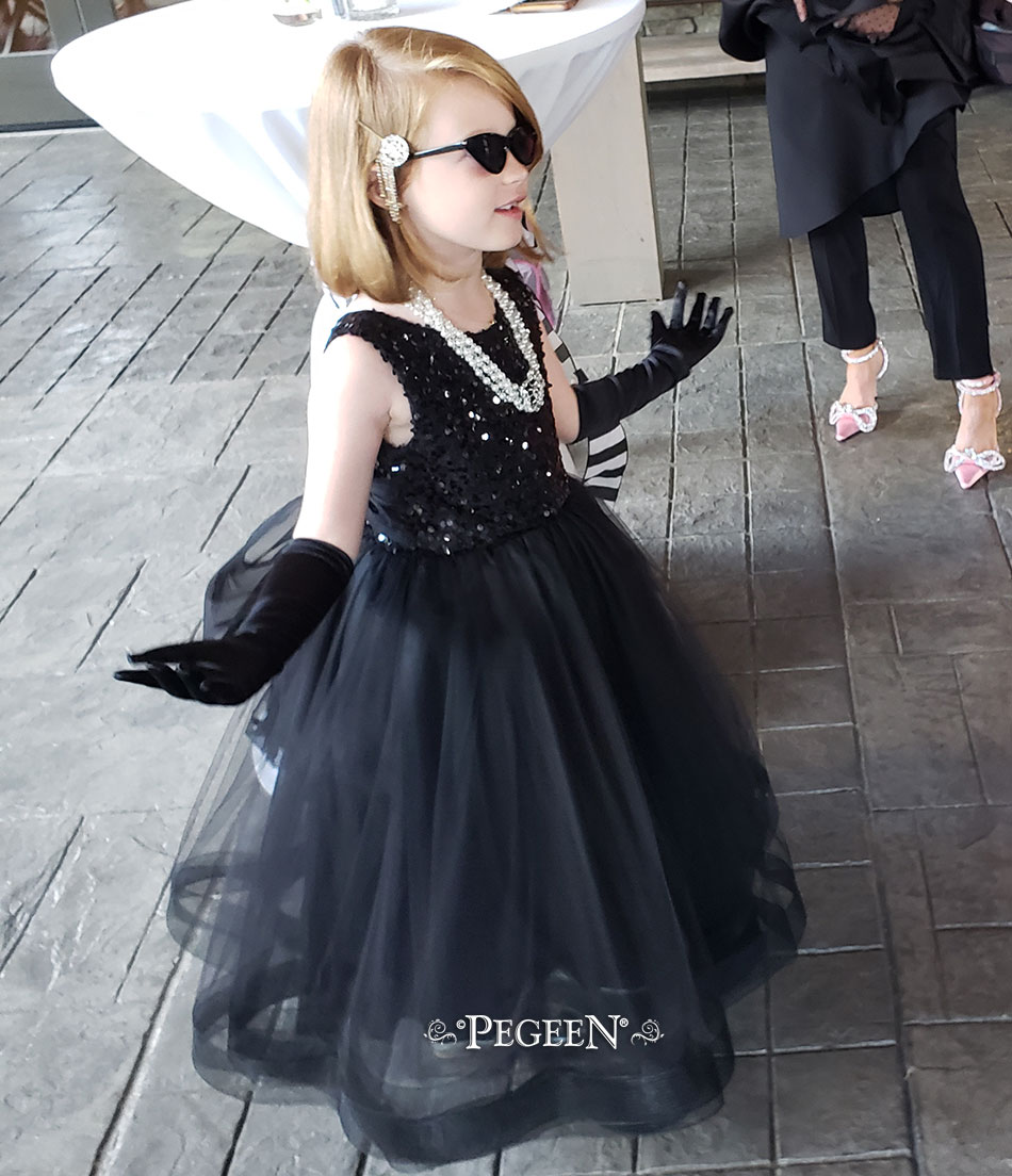 Audrey Hepburn Inspired Sequined, Tulle & Silk Black flower girl dress