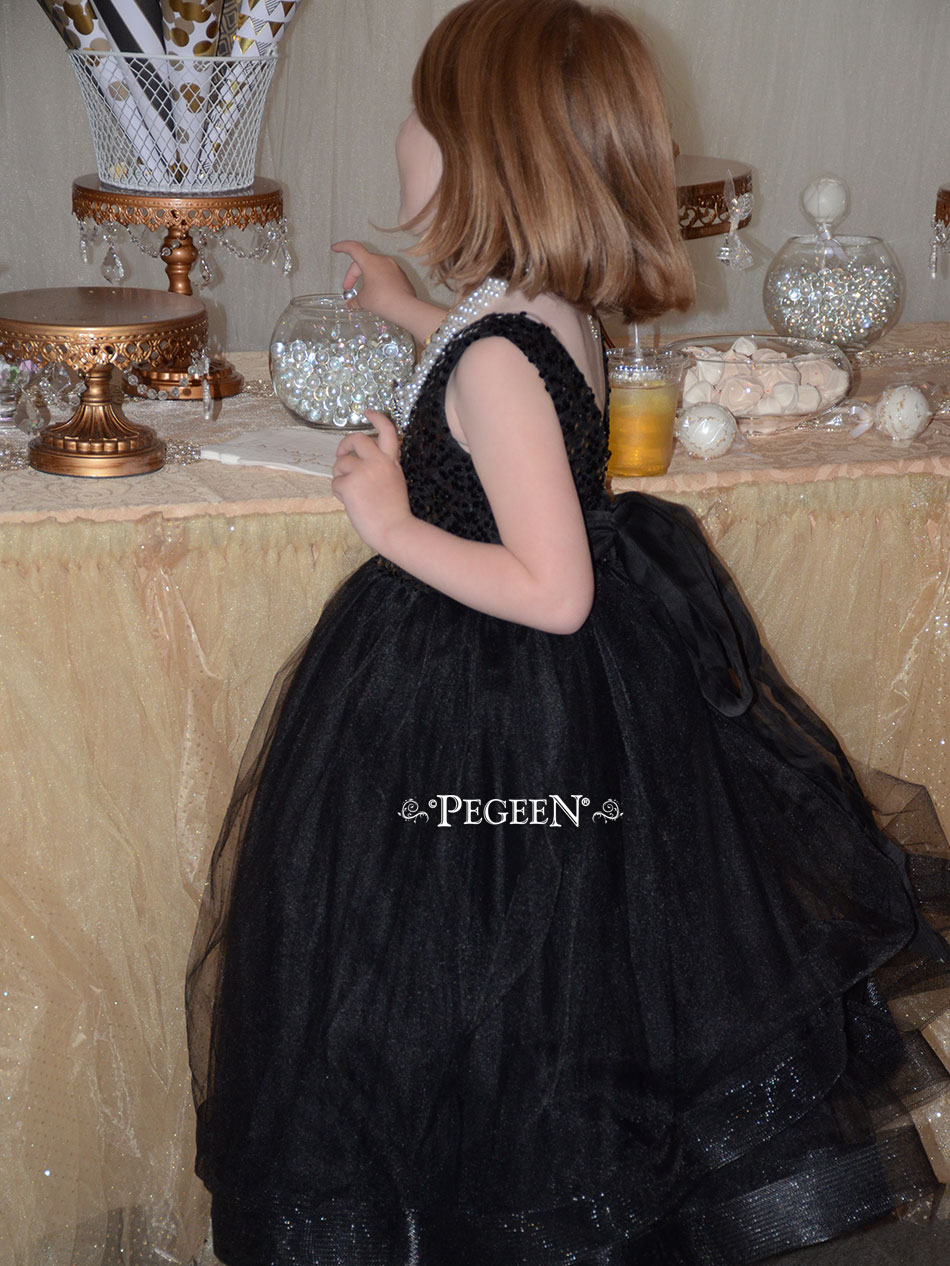 Audrey Hepburn Inspired Sequined, Tulle & Silk Black flower girl dress