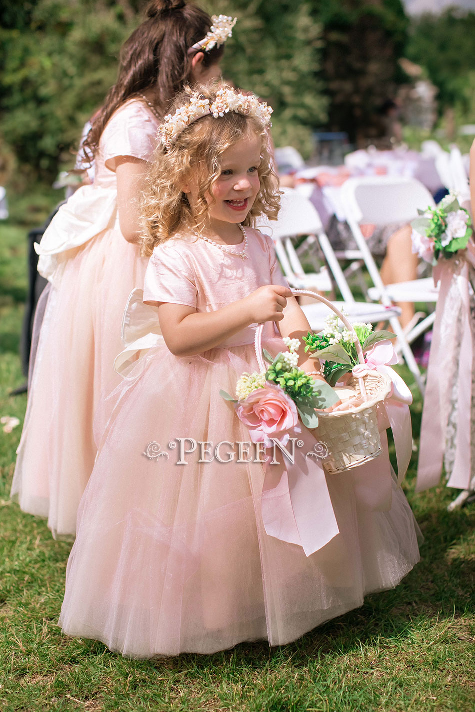 Crystal Pink Silk tulle flower girl dress with Cinderella Sash