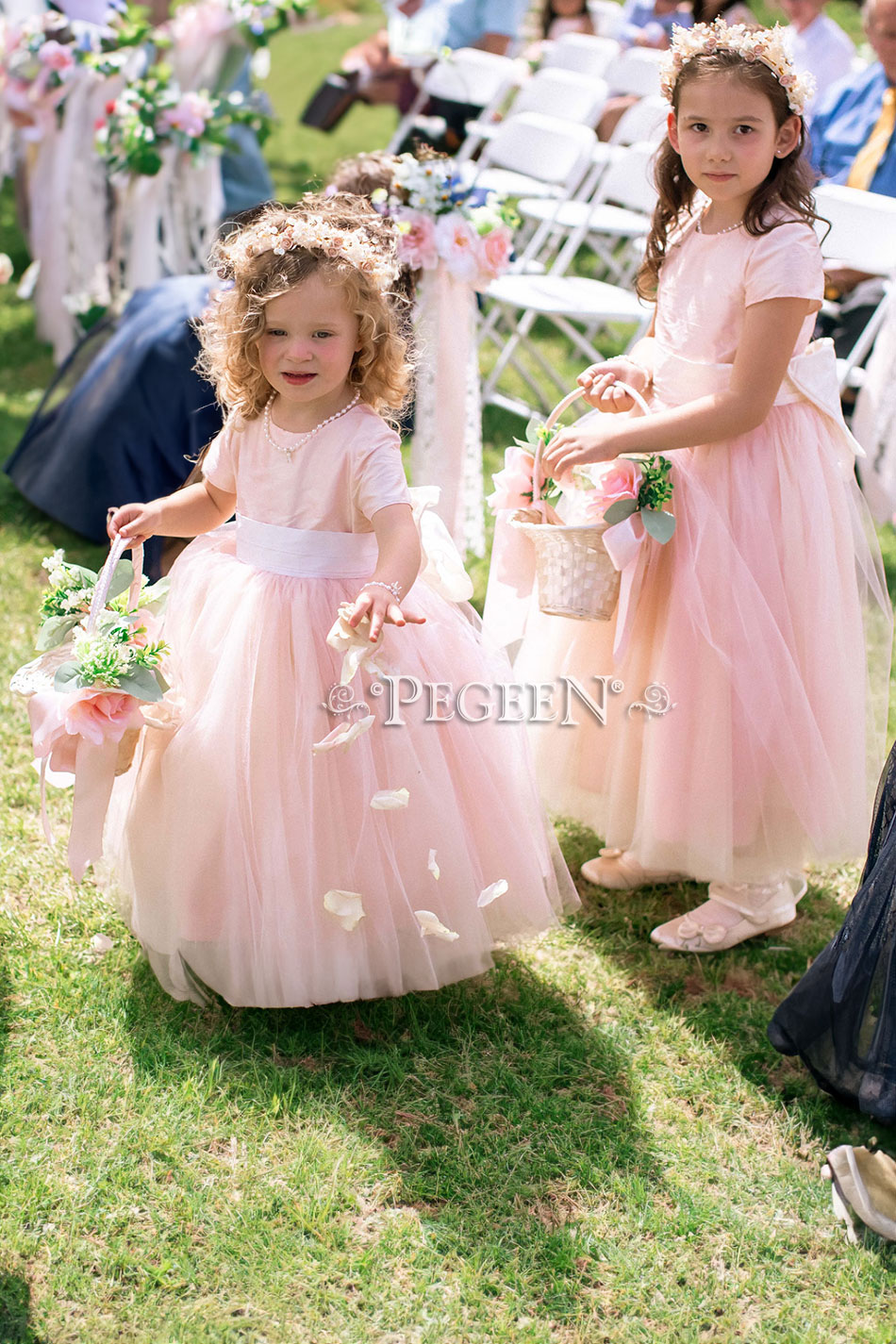 Crystal Pink Silk tulle flower girl dress with Cinderella Sash