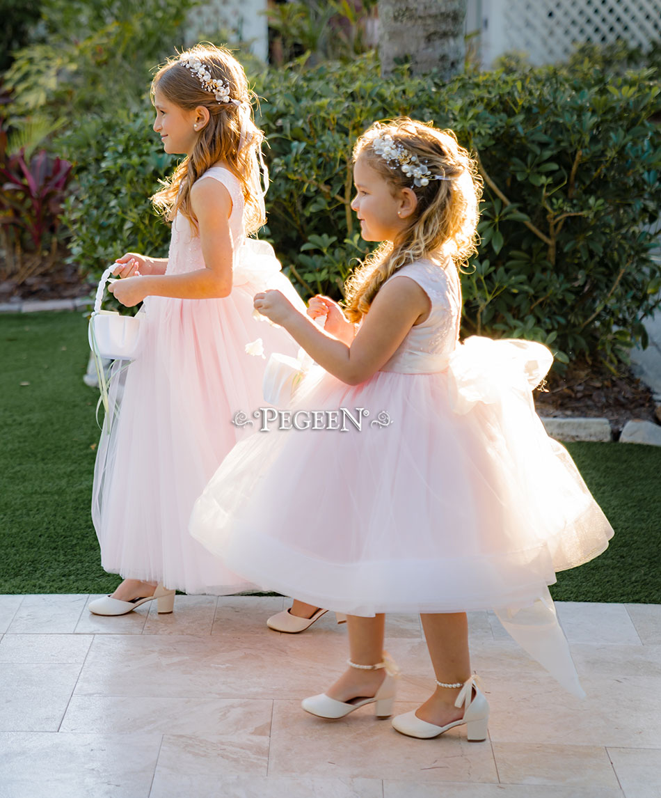 Peony Pink silk flower girl dresses in silk and embroidered - beaded tulle