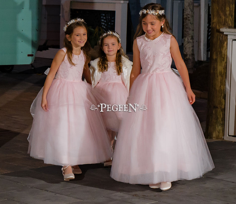 Peony Pink silk flower girl dresses in silk and embroidered - beaded tulle