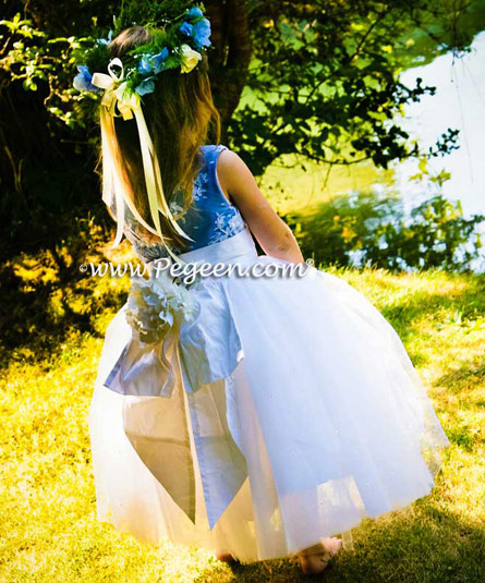 New Ivory and Delft Blue Flower Girl Dresses with layers of tulle and Beaded Aloncon Lace