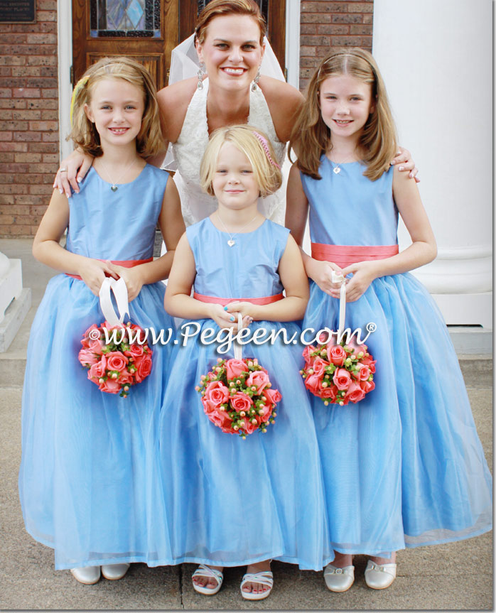 Blue Moon and Salmon Flame Silk and Organza Custom Flower Girl Dresses