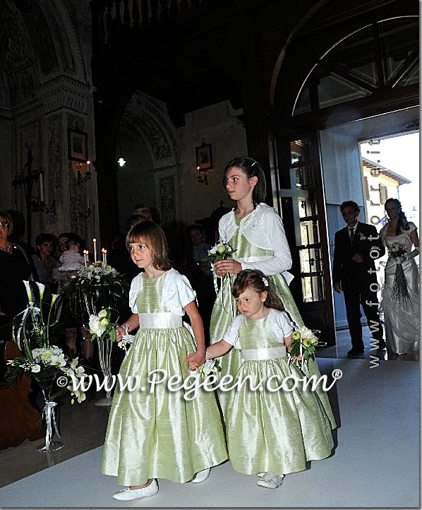 Flower girl dresses in Spring Green with Antique White Silk Cinderella Bow style 345