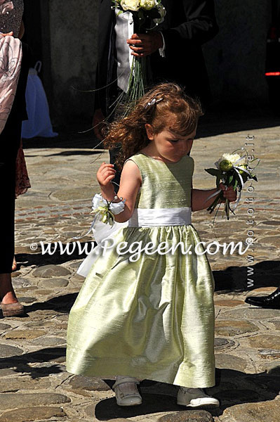 Flower girl dresses Style 398 Antique white and Spring Green | Pegeen