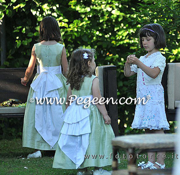 Flower girl dresses in Spring Green with Antique White Silk Cinderella Bow style 345