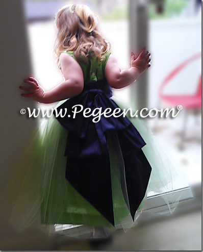 Sprite Green Tulle, Navy and Apple Green Silk Flower Girl Dresses - Pegeen Classic Style 394