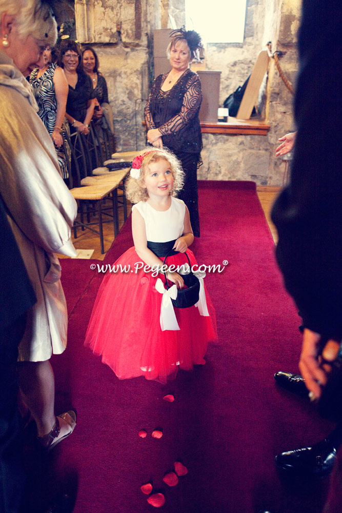 Christmas red and black and white silk and tulle flower girl dress style 402