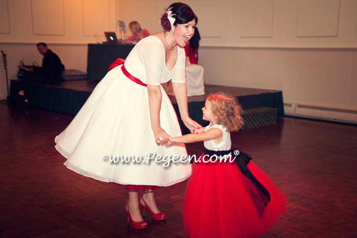 Christmas red and black and white silk and tulle flower girl dress style 402