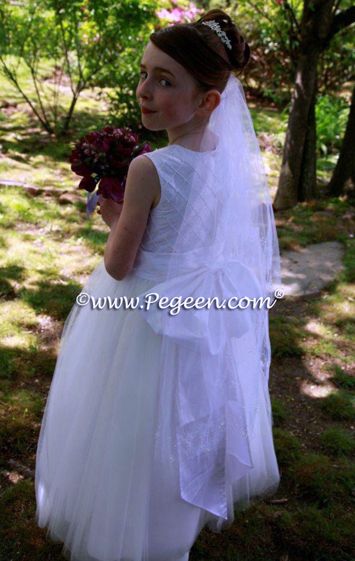 Silk First Communion dress with pintucks and pearls and embroidered initials