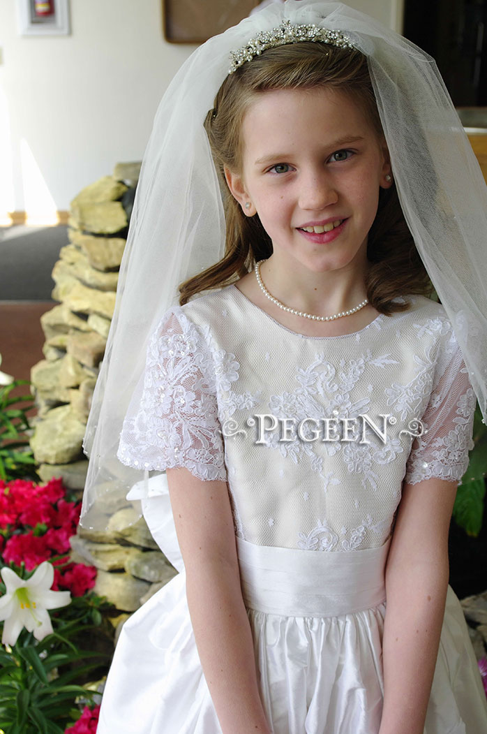 White and bisque FLOWER GIRL DRESSES with beaded aloncon lace