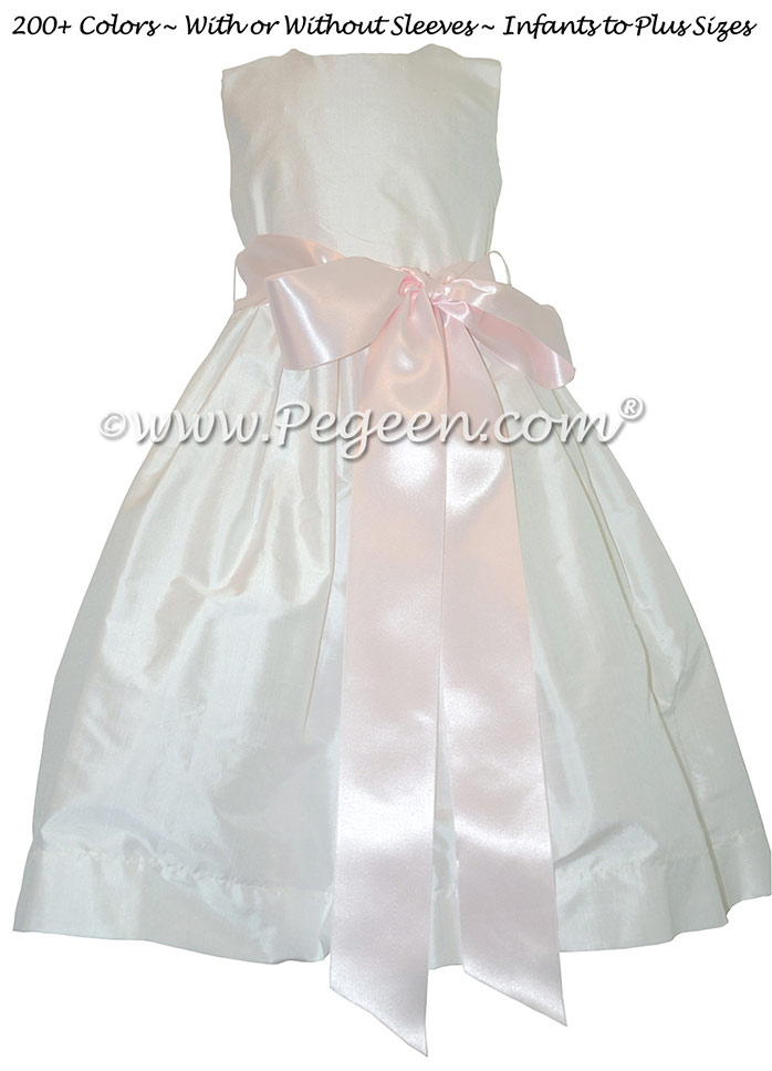 Style 300 Flower Girl Dress in New Ivory and Pink Ribbon Silk Sash