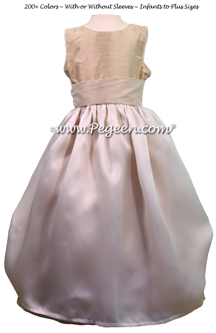 Summer Tan Dupione and Bisque Charmeuse flower girl dresses by PEGEEN